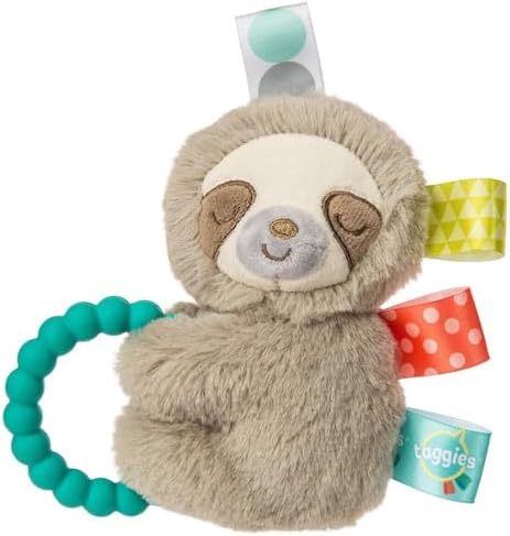 Taggies Sensory Stuffed Animal Soft Rattle with Teether Ring, Molasses Sloth